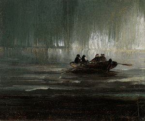 Nordlys over fire menn i robåt